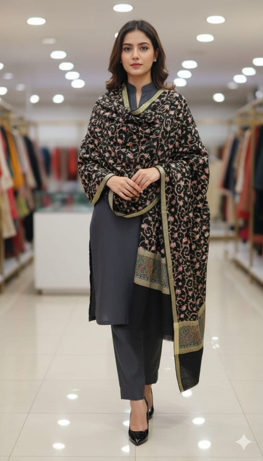 Luxury Black Pashmina Embroidered Shawl