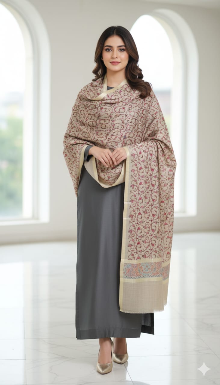Elegant Beige Pashmina Embroidered Shawl