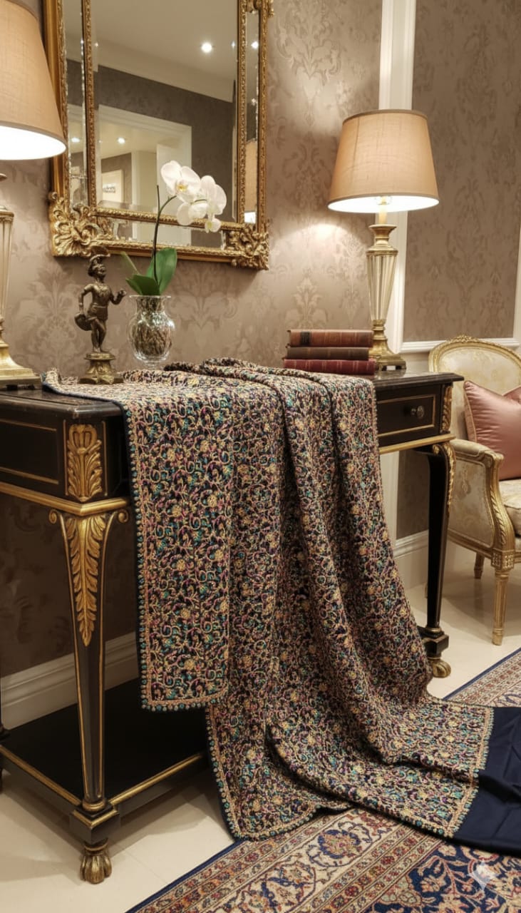 Kashmiri Aari Embroidered Wool Shawl Midnight Garden