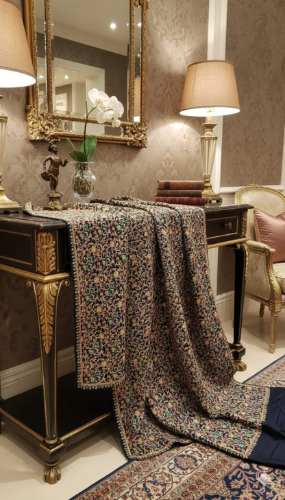 Kashmiri Aari Embroidered Wool Shawl Midnight Garden