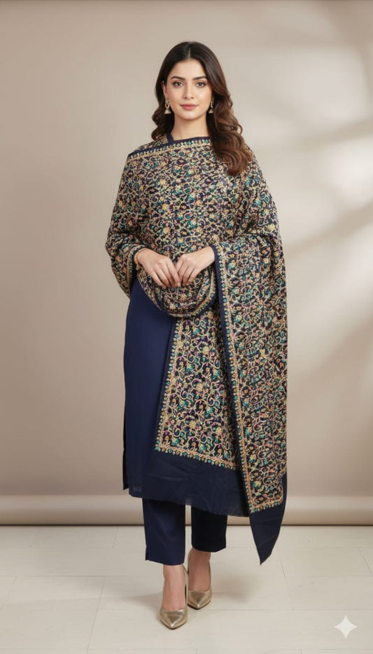 Kashmiri Aari Embroidered Wool Shawl Midnight Garden