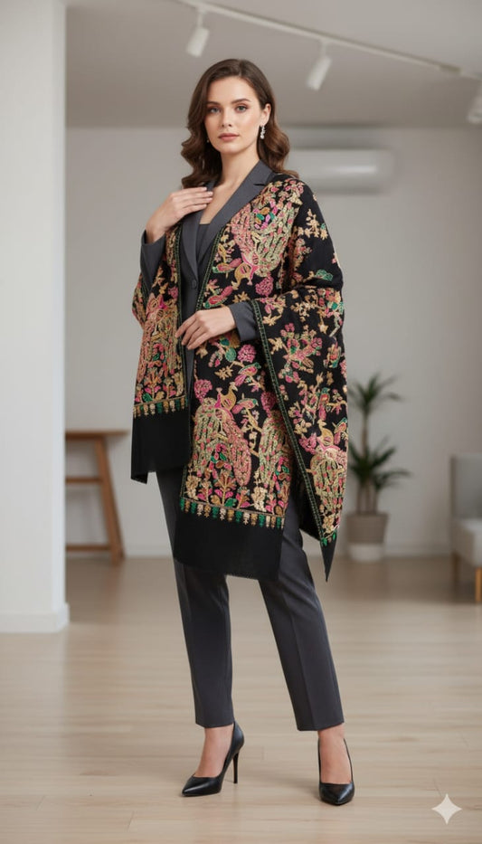 Luxury Peacock Embroidery Pashmina Shawl Midnight Black