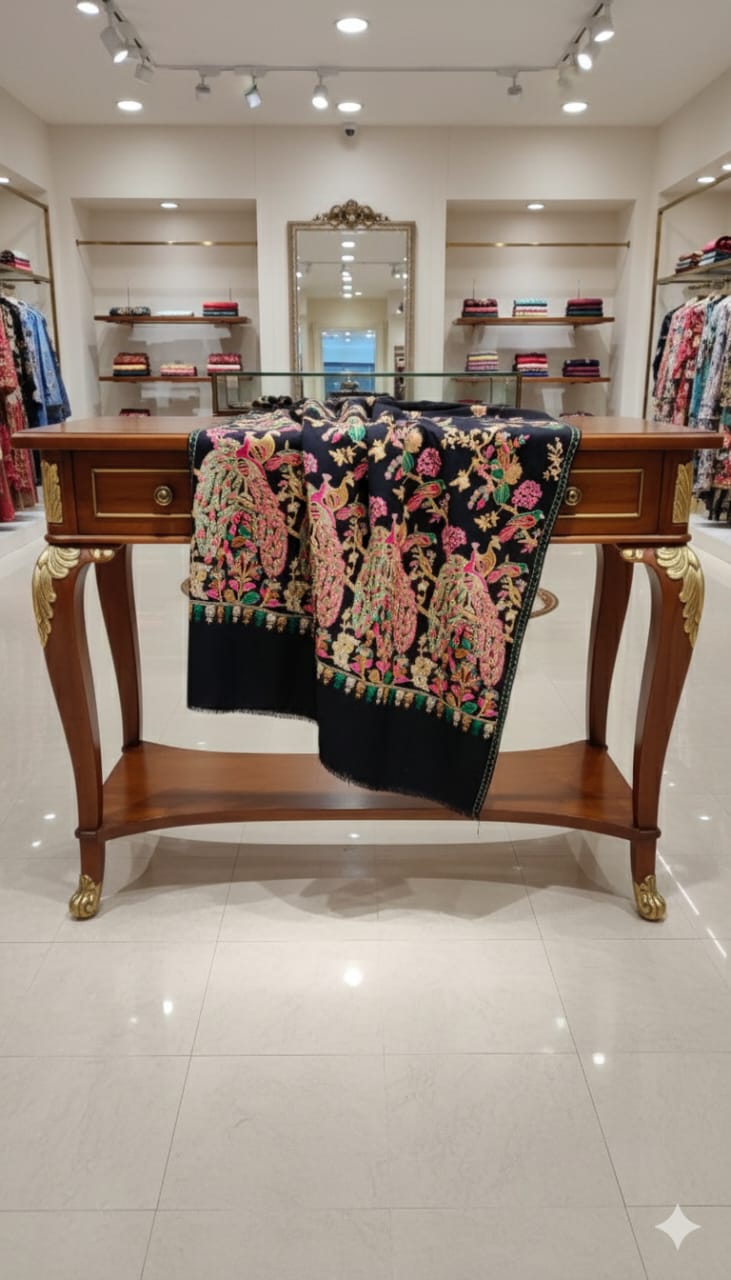 Luxury Peacock Embroidery Pashmina Shawl Midnight Black