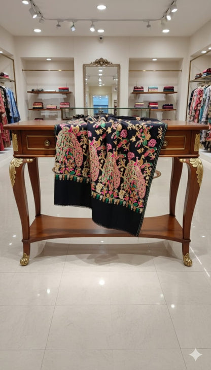 Luxury Peacock Embroidery Pashmina Shawl Midnight Black