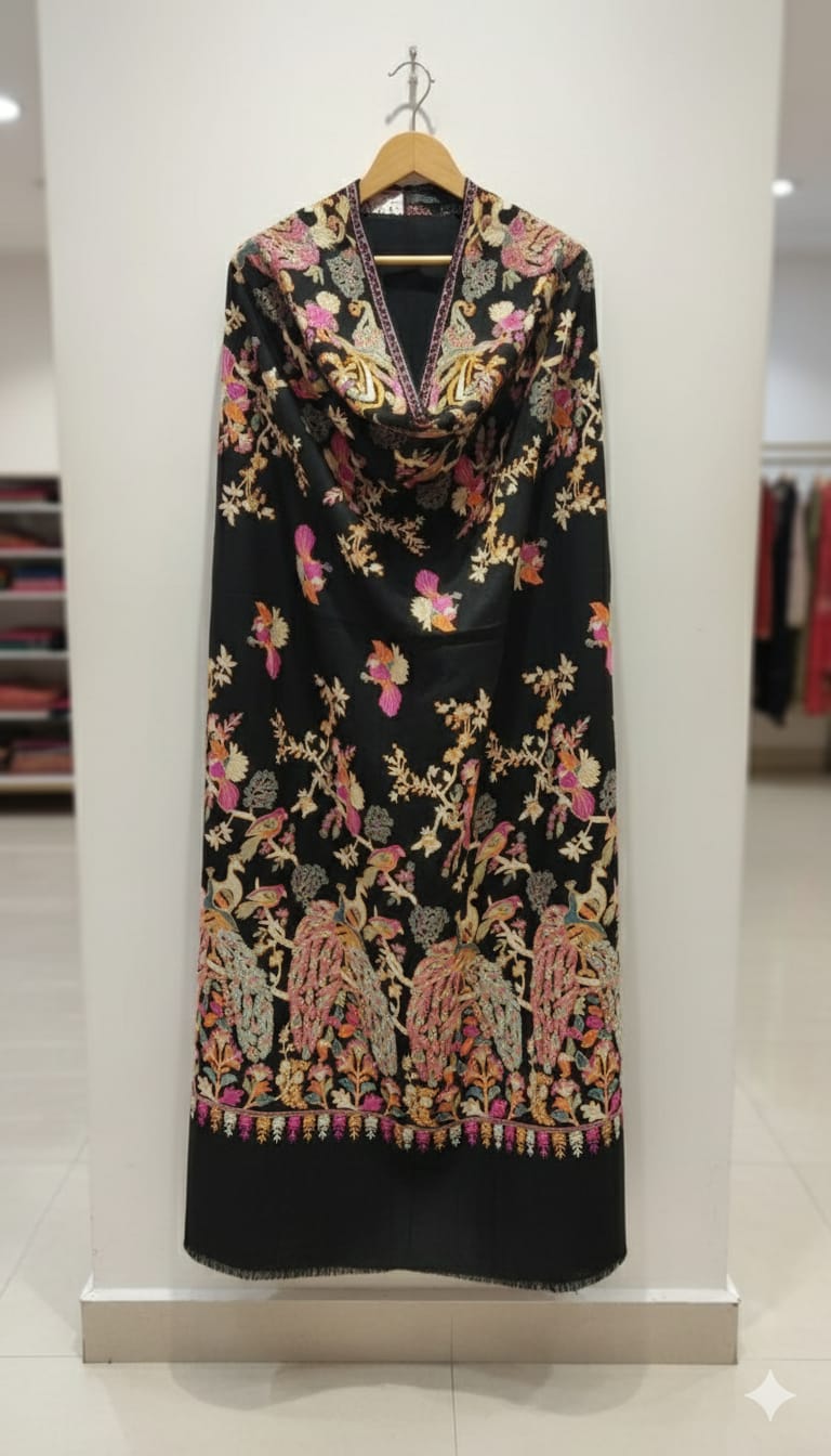 Luxury Peacock Embroidery Pashmina Shawl Midnight Black