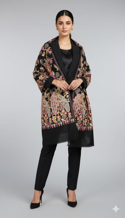Luxury Peacock Embroidery Pashmina Shawl Midnight Black
