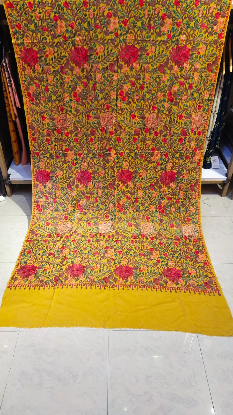 Golden Mustard Pashmina Aari Embroidered Shawl