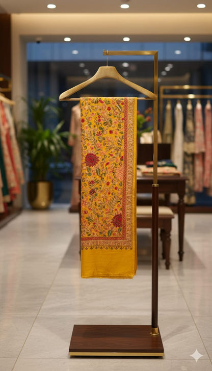 Golden Mustard Pashmina Aari Embroidered Shawl