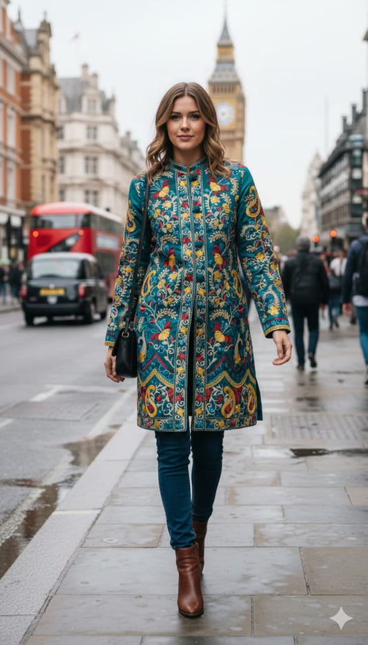 Vibrant Blue Silk Embroidered Kantha Jacket | Long Bohemian Kimono Coat | | Unique Festival Wear