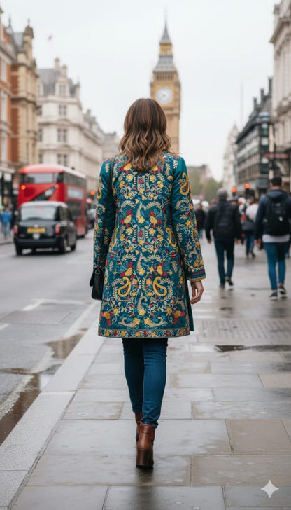 Vibrant Blue Silk Embroidered Kantha Jacket | Long Bohemian Kimono Coat | | Unique Festival Wear