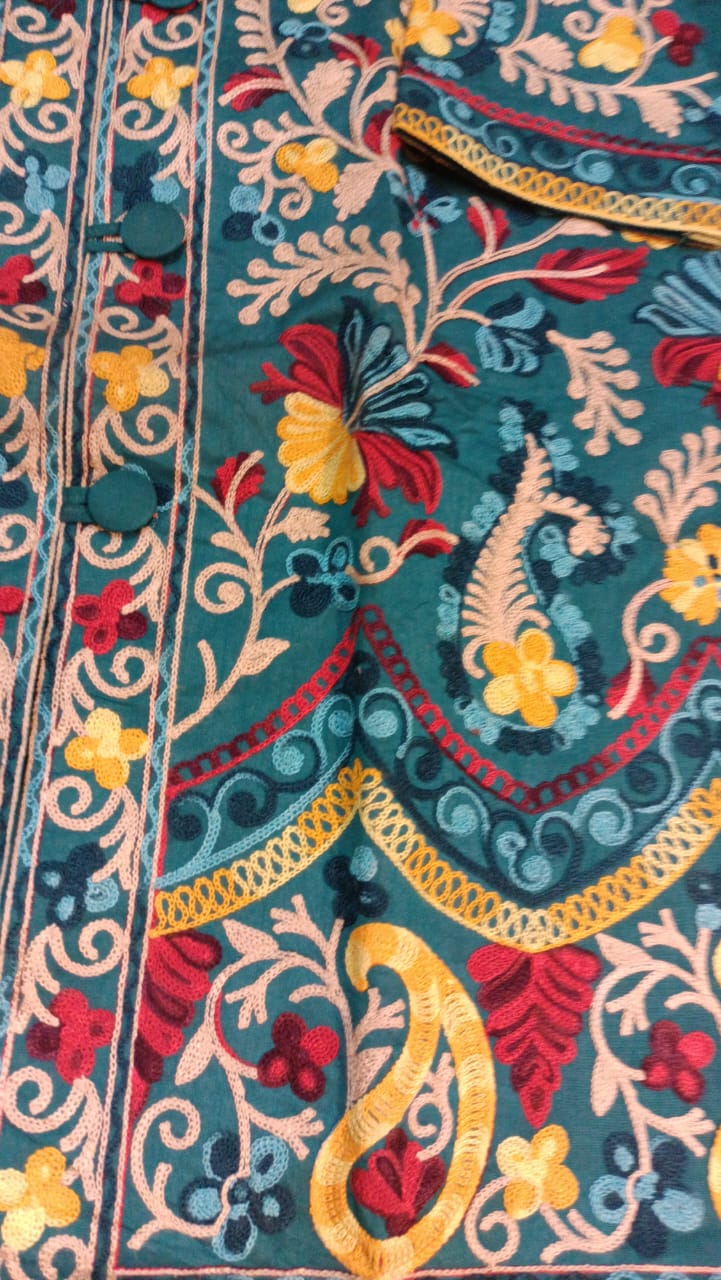 Vibrant Blue Silk Embroidered Kantha Jacket | Long Bohemian Kimono Coat | | Unique Festival Wear