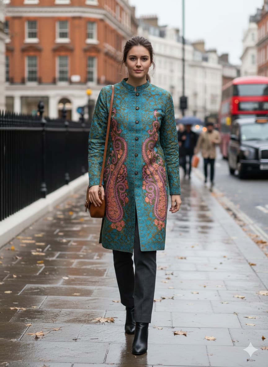 Teal and Pink Longline Coat - Formal Winter Jacket - Unique Dress Coat - Modest Collar Jacket