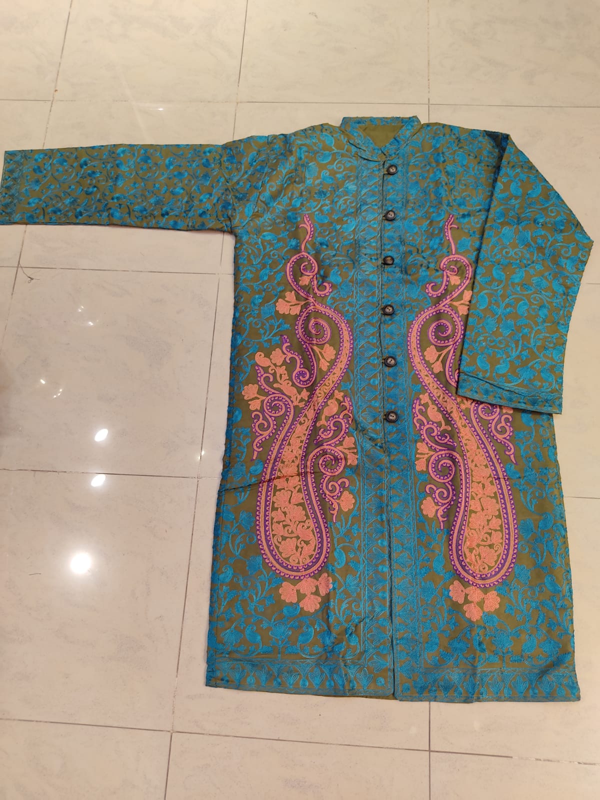 Teal and Pink Longline Coat - Formal Winter Jacket - Unique Dress Coat - Modest Collar Jacket