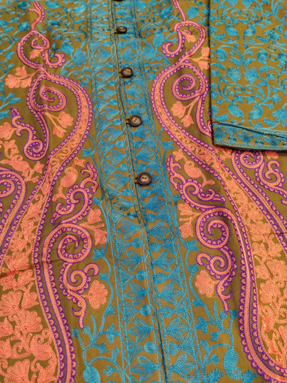 Teal and Pink Longline Coat - Formal Winter Jacket - Unique Dress Coat - Modest Collar Jacket