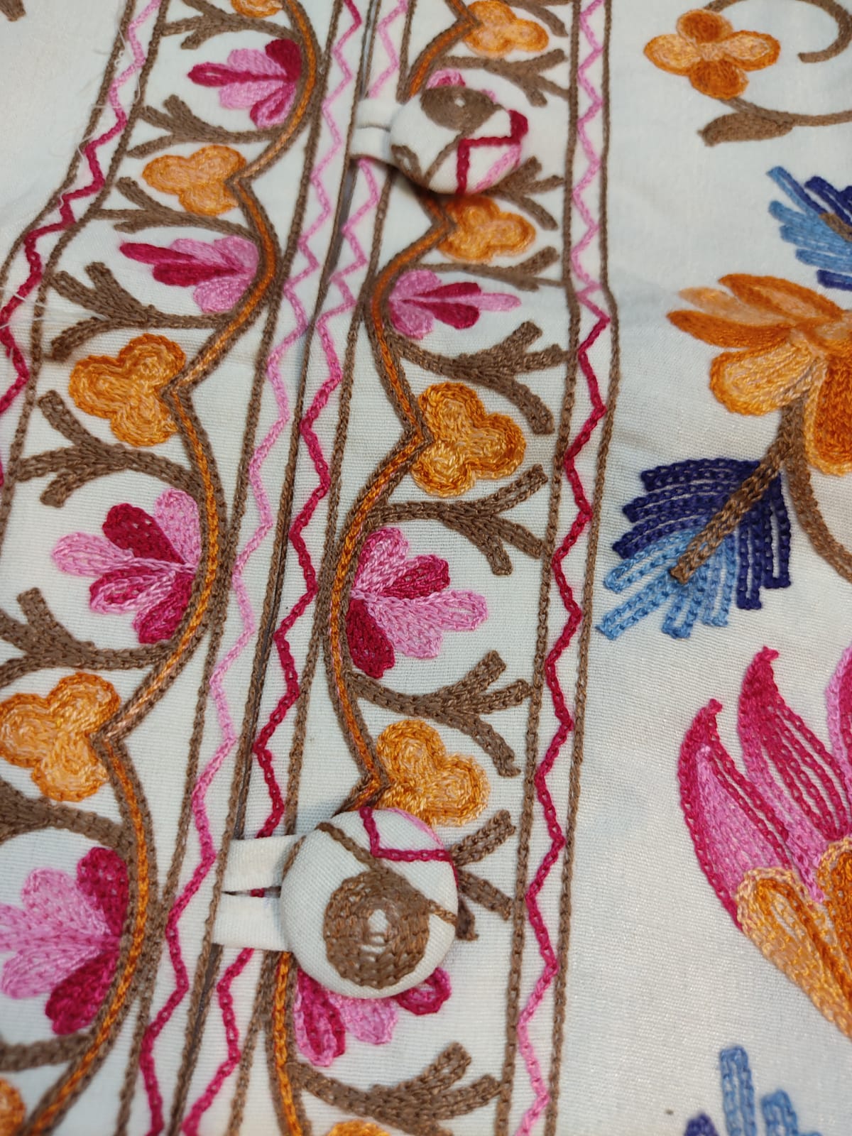 Authentic Kashmiri Embroidered Coat | Pink & Yellow Floral Aari Work Suzani Style Jacket | Artisan Bohemian Outerwear