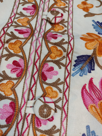 Authentic Kashmiri Embroidered Coat | Pink & Yellow Floral Aari Work Suzani Style Jacket | Artisan Bohemian Outerwear