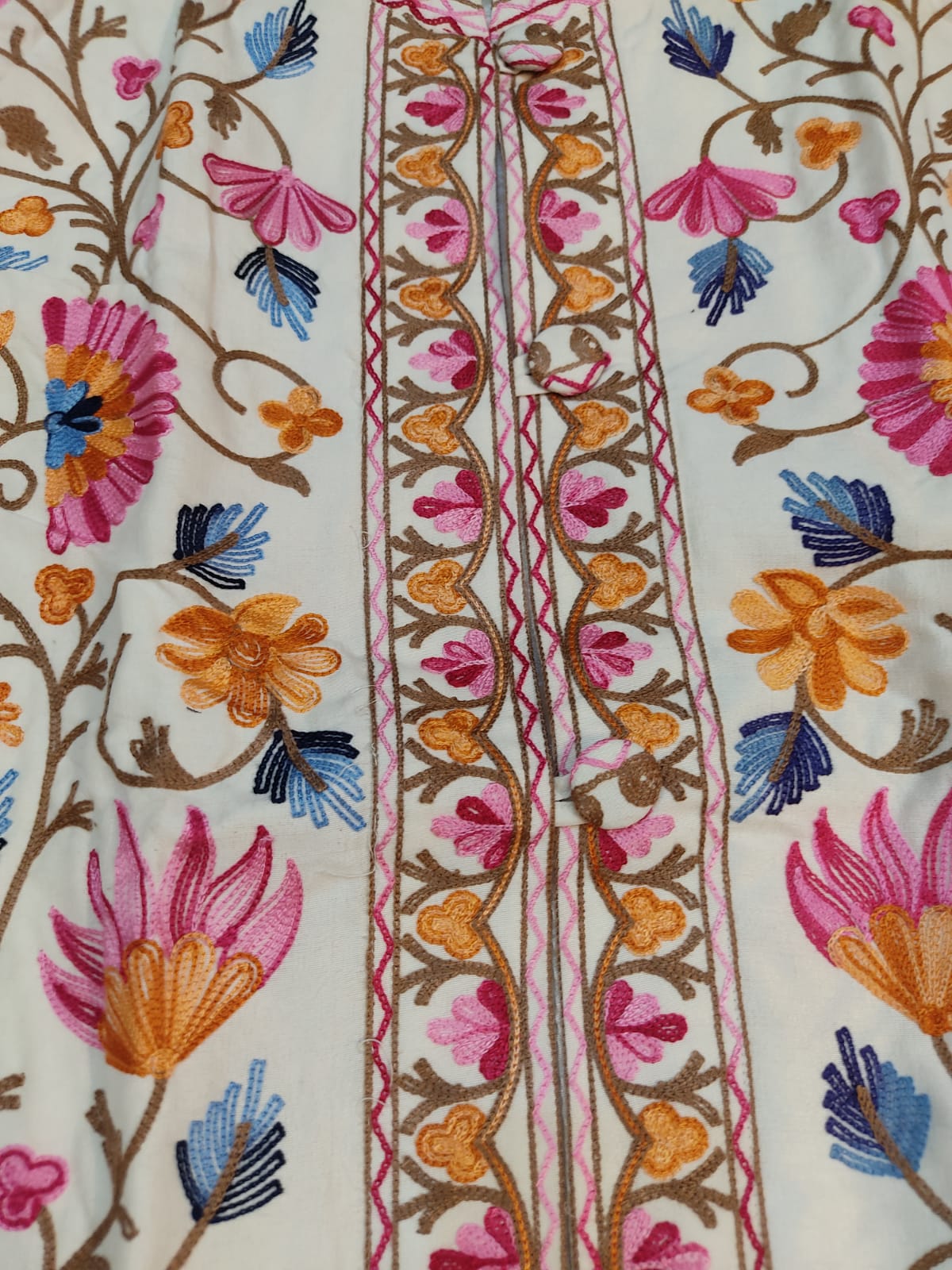 Authentic Kashmiri Embroidered Coat | Pink & Yellow Floral Aari Work Suzani Style Jacket | Artisan Bohemian Outerwear