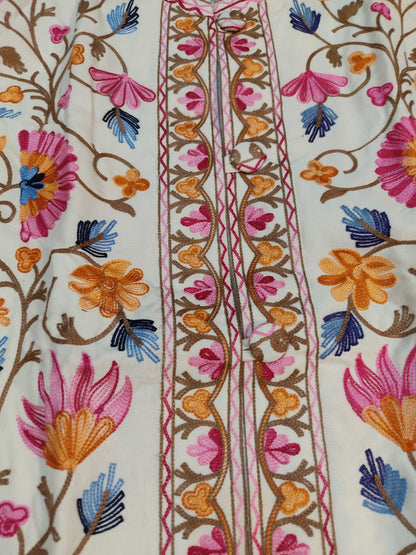 Authentic Kashmiri Embroidered Coat | Pink & Yellow Floral Aari Work Suzani Style Jacket | Artisan Bohemian Outerwear