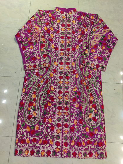 Hand-Embroidered Purple Kashmiri Jacket | Traditional Aari Work Tunic | Phiran Style Coat | Designer Ethnic Wear | Unique Gift for Her