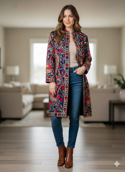 Artisan-Crafted Kashmiri Aari Embroidered Jacket - blue Floral Statement Coat