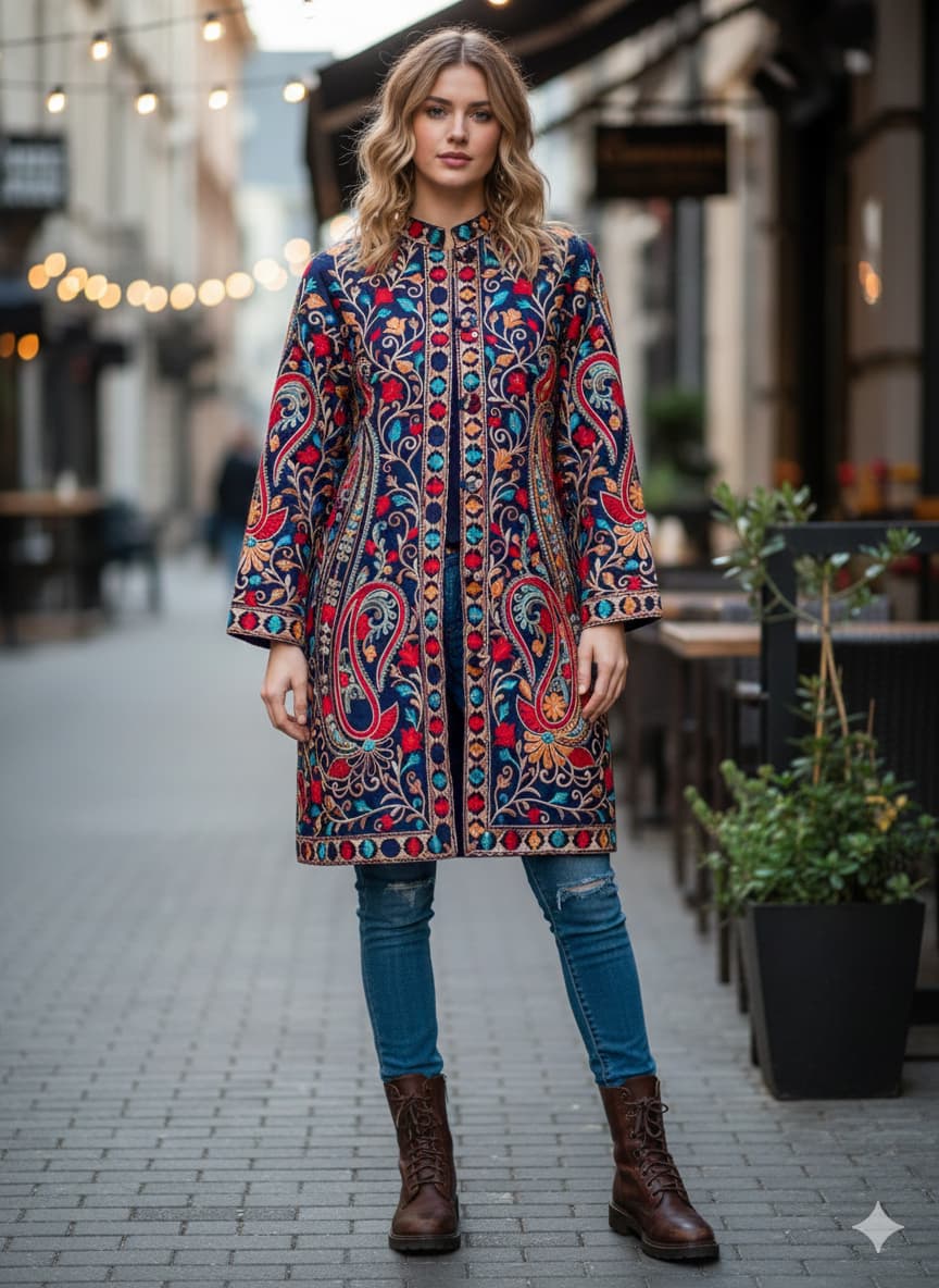 Artisan-Crafted Kashmiri Aari Embroidered Jacket - blue Floral Statement Coat