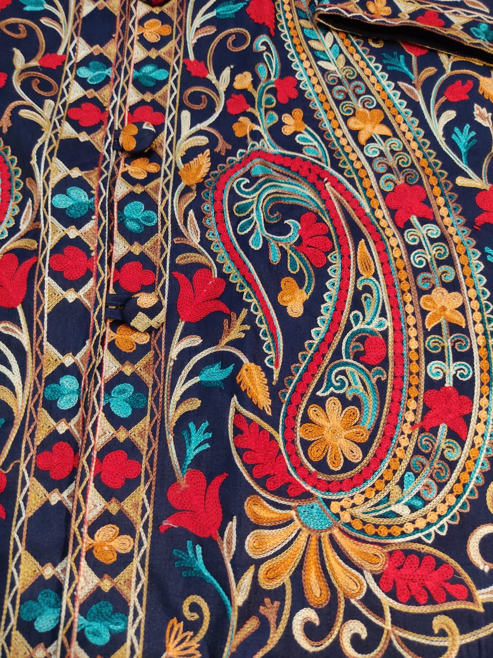 Artisan-Crafted Kashmiri Aari Embroidered Jacket - blue Floral Statement Coat