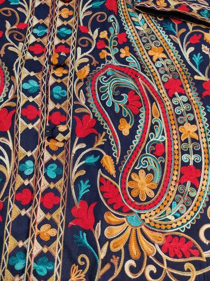 Artisan-Crafted Kashmiri Aari Embroidered Jacket - blue Floral Statement Coat