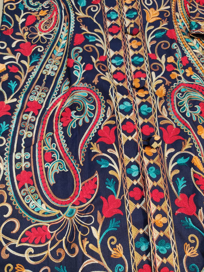 Artisan-Crafted Kashmiri Aari Embroidered Jacket - blue Floral Statement Coat