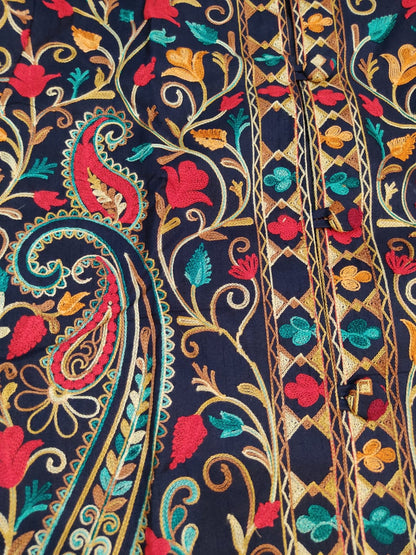 Artisan-Crafted Kashmiri Aari Embroidered Jacket - blue Floral Statement Coat