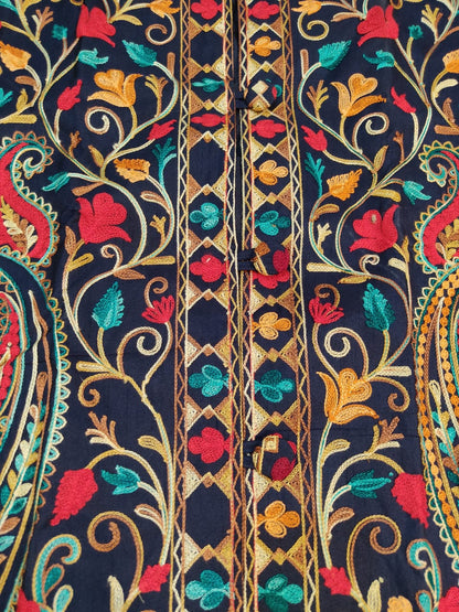 Artisan-Crafted Kashmiri Aari Embroidered Jacket - blue Floral Statement Coat