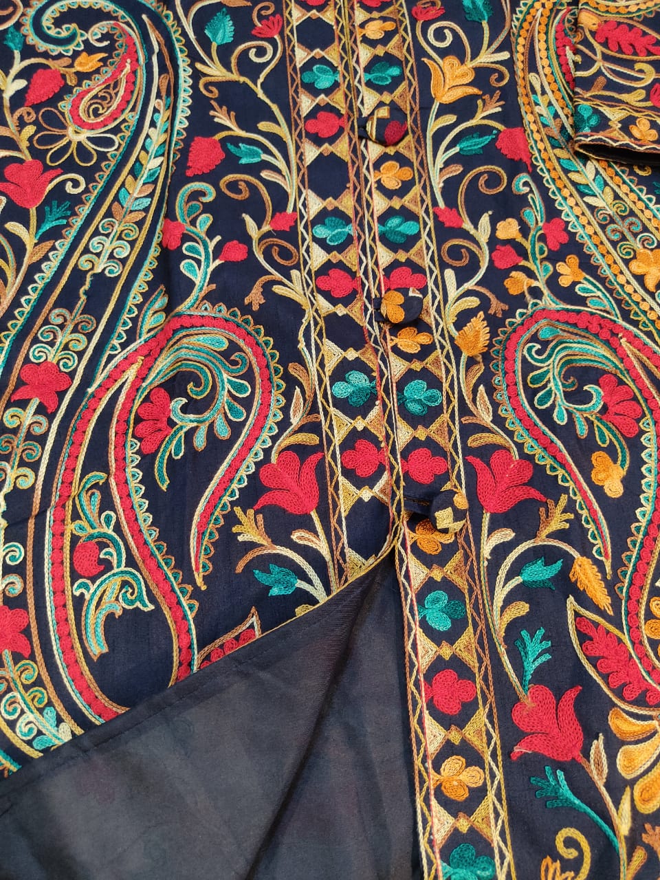 Artisan-Crafted Kashmiri Aari Embroidered Jacket - blue Floral Statement Coat