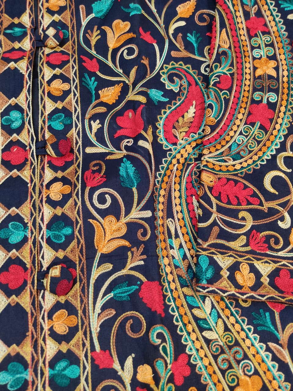 Artisan-Crafted Kashmiri Aari Embroidered Jacket - blue Floral Statement Coat