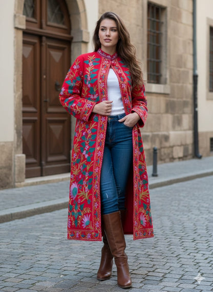 Artisan-Crafted Kashmiri Aari Embroidered Jacket - Red Floral Statement Coat