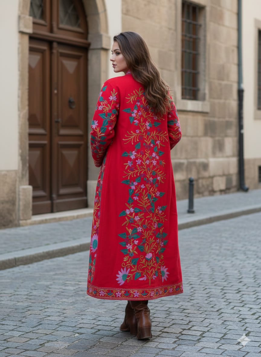 Artisan-Crafted Kashmiri Aari Embroidered Jacket - Red Floral Statement Coat