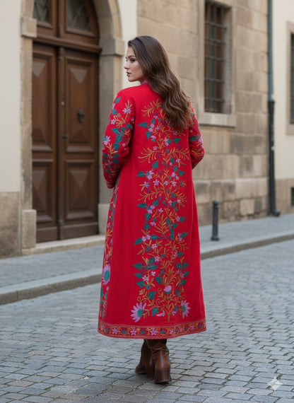 Artisan-Crafted Kashmiri Aari Embroidered Jacket - Red Floral Statement Coat