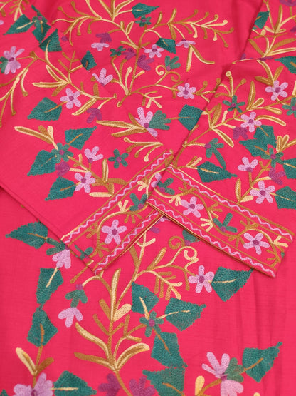 Artisan-Crafted Kashmiri Aari Embroidered Jacket - Red Floral Statement Coat