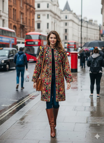 Artisan-Crafted Kashmiri Aari Embroidered Jacket - black Floral Statement Coat