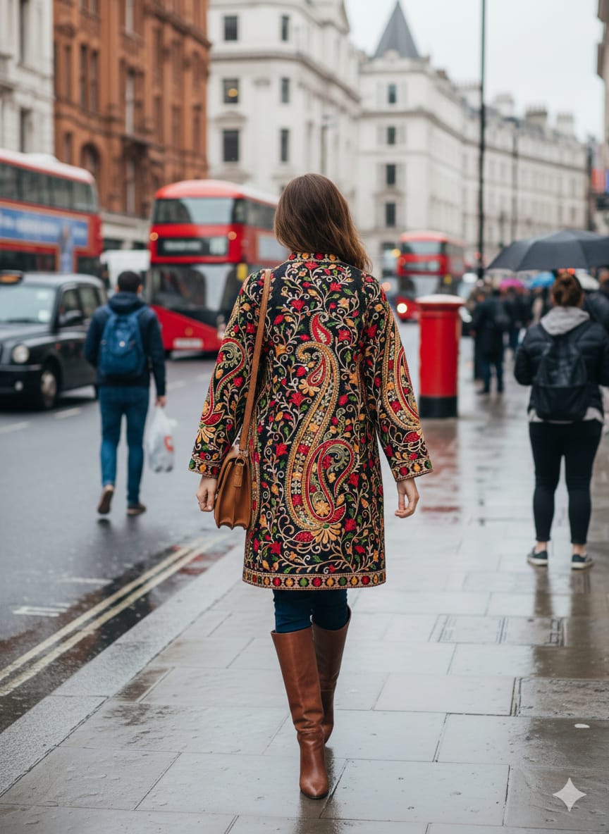 Artisan-Crafted Kashmiri Aari Embroidered Jacket - black Floral Statement Coat
