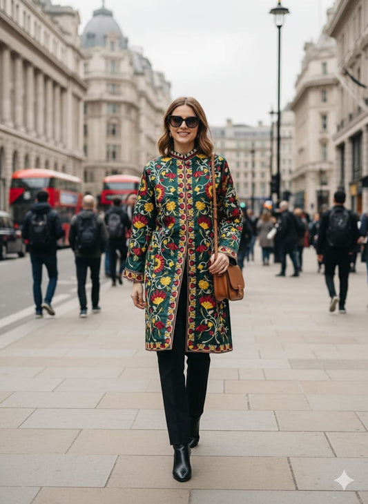 Artisan-Crafted Kashmiri Aari Embroidered Jacket - green Floral Statement Coat