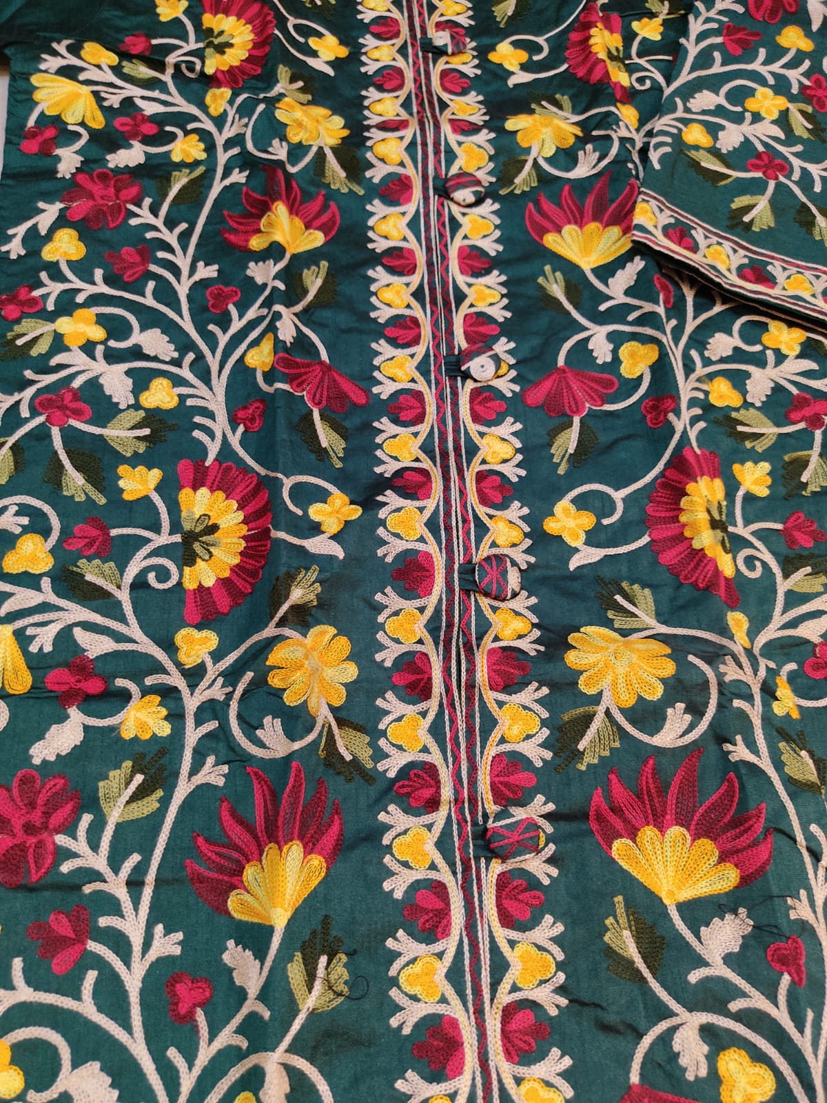 Artisan-Crafted Kashmiri Aari Embroidered Jacket - green Floral Statement Coat