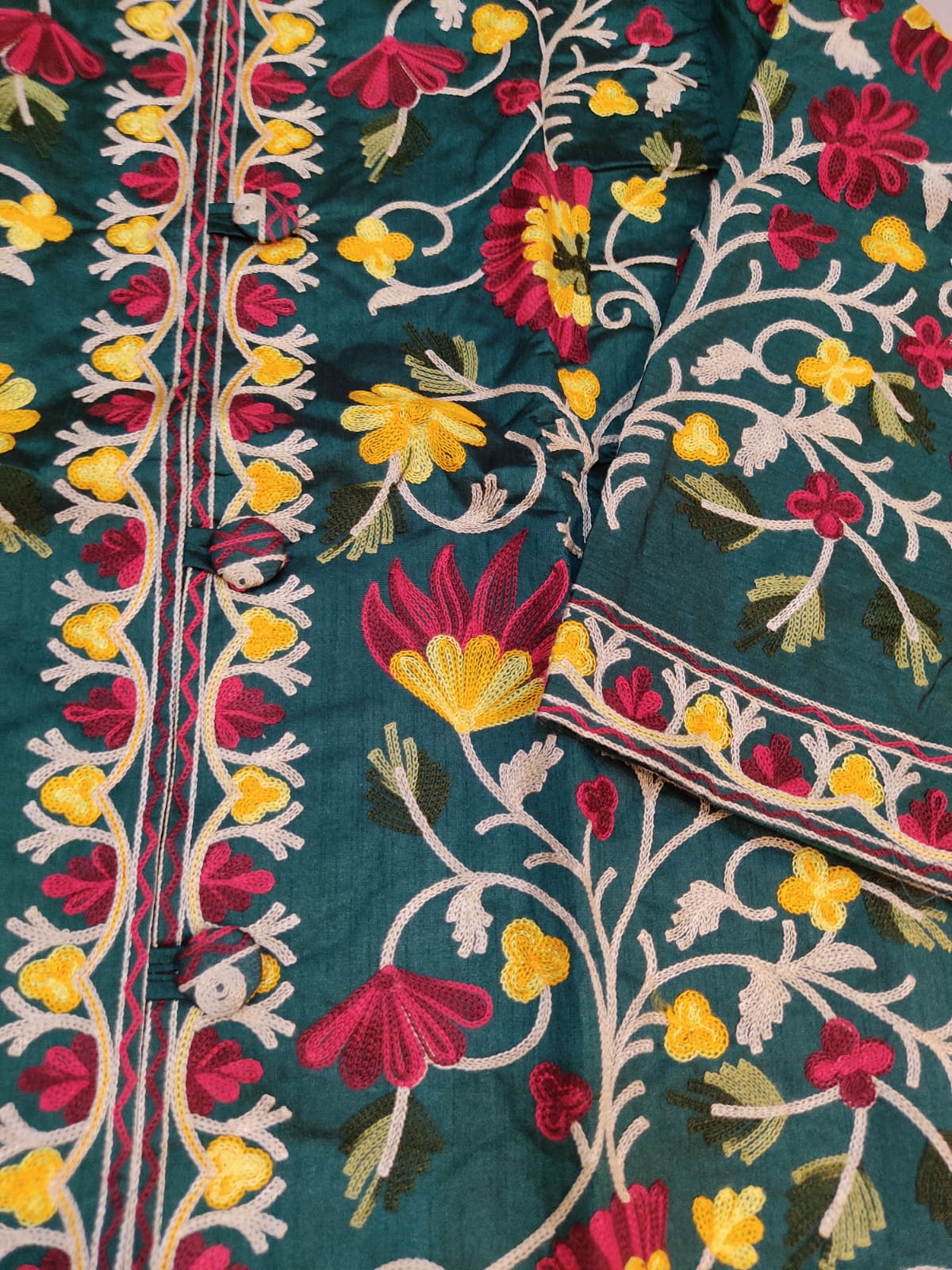 Artisan-Crafted Kashmiri Aari Embroidered Jacket - green Floral Statement Coat