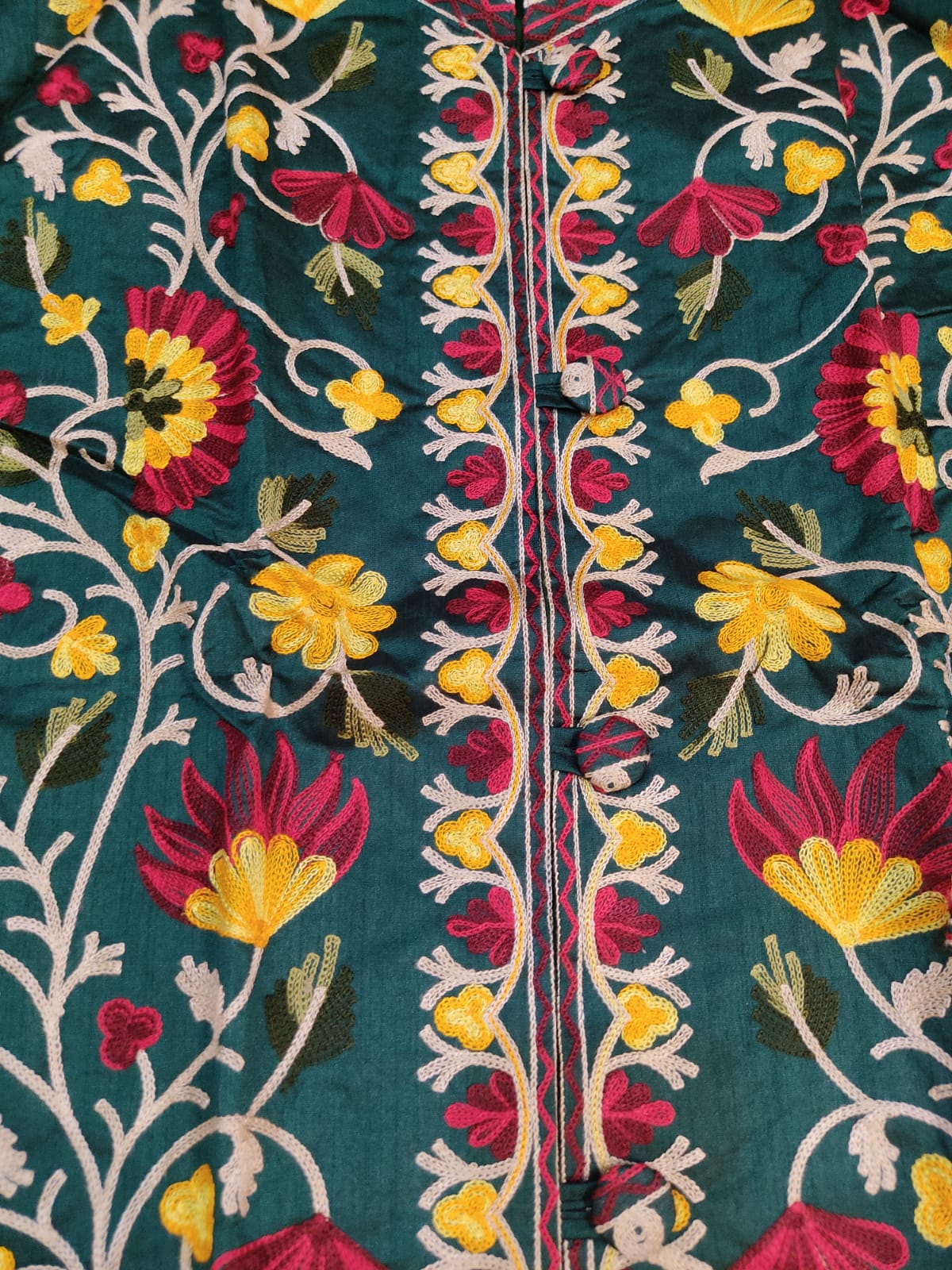 Artisan-Crafted Kashmiri Aari Embroidered Jacket - green Floral Statement Coat