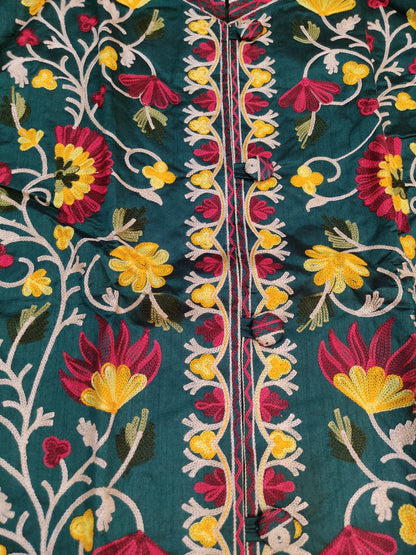 Artisan-Crafted Kashmiri Aari Embroidered Jacket - green Floral Statement Coat