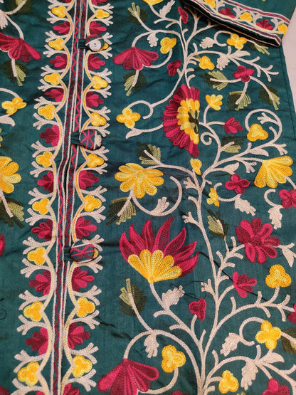Artisan-Crafted Kashmiri Aari Embroidered Jacket - green Floral Statement Coat