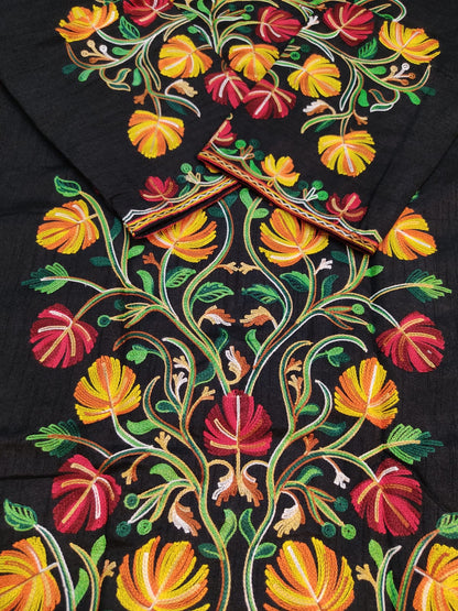 Artisan-Crafted Kashmiri Aari Embroidered Jacket - black Floral Statement Coat