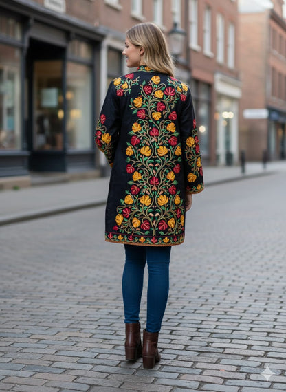 Artisan-Crafted Kashmiri Aari Embroidered Jacket - black Floral Statement Coat