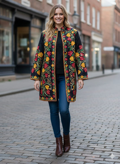 Artisan-Crafted Kashmiri Aari Embroidered Jacket - black Floral Statement Coat