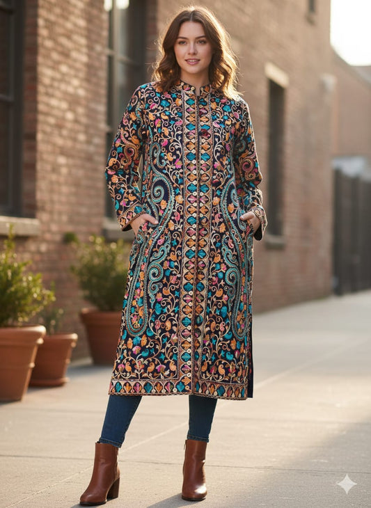 Artisan-Crafted Kashmiri Aari Embroidered Jacket - blue Floral Statement Coat