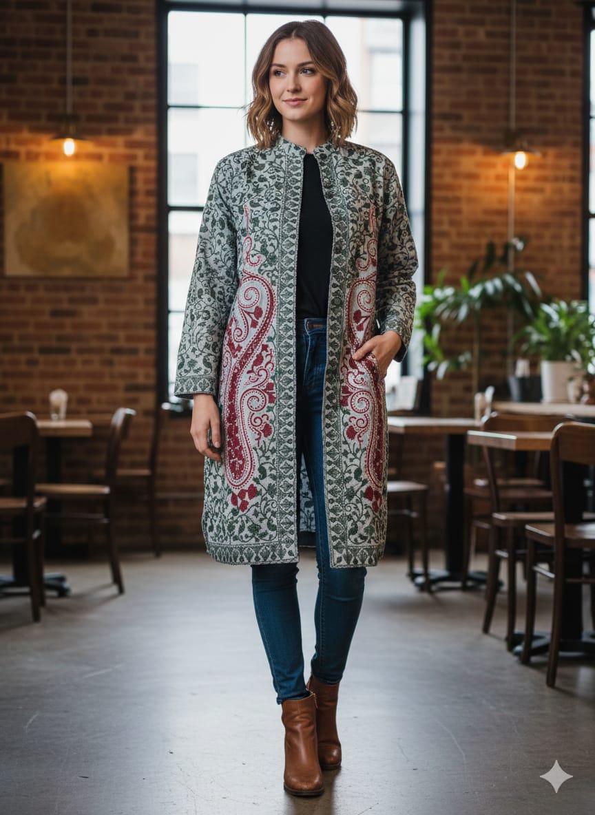 Artisan-Crafted Kashmiri Aari Embroidered Jacket - green and grey statement