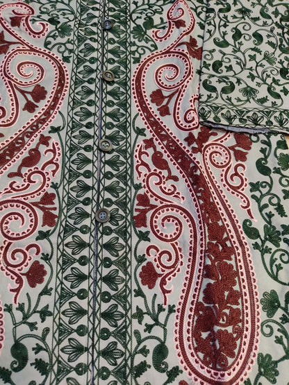 Artisan-Crafted Kashmiri Aari Embroidered Jacket - green and grey statement